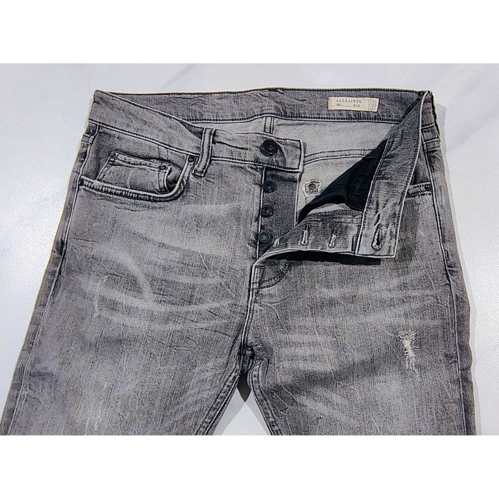 ALL SAINTS Rex Jeans Mens 31x32 Gray Wash Button Fly Distressed Slim Fit Denim - Picture 2 of 10